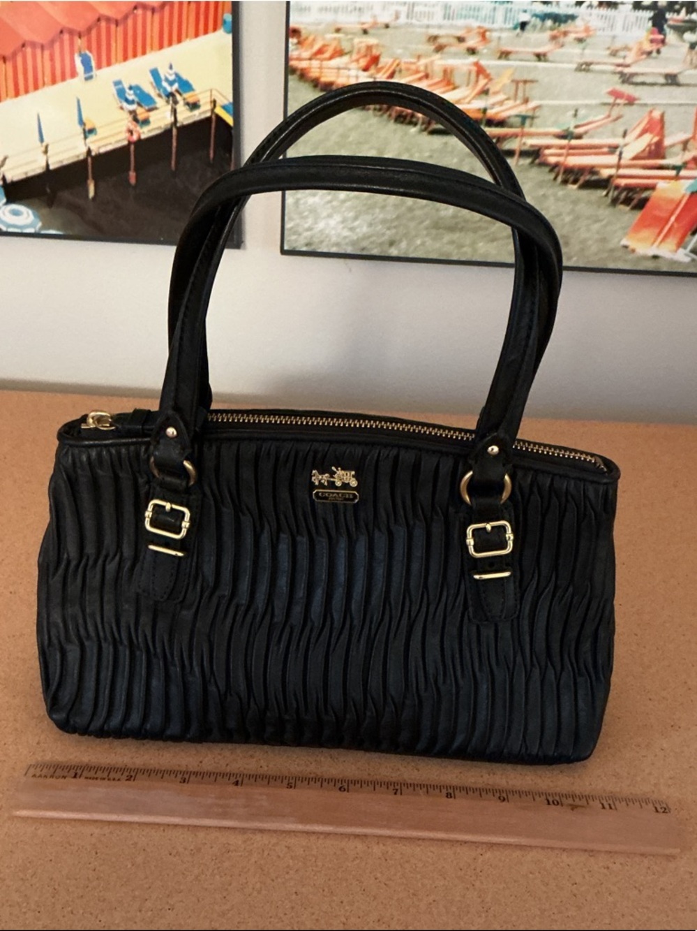 Coach Black Ruched Leather Satchel with Gold-Tone Hardware